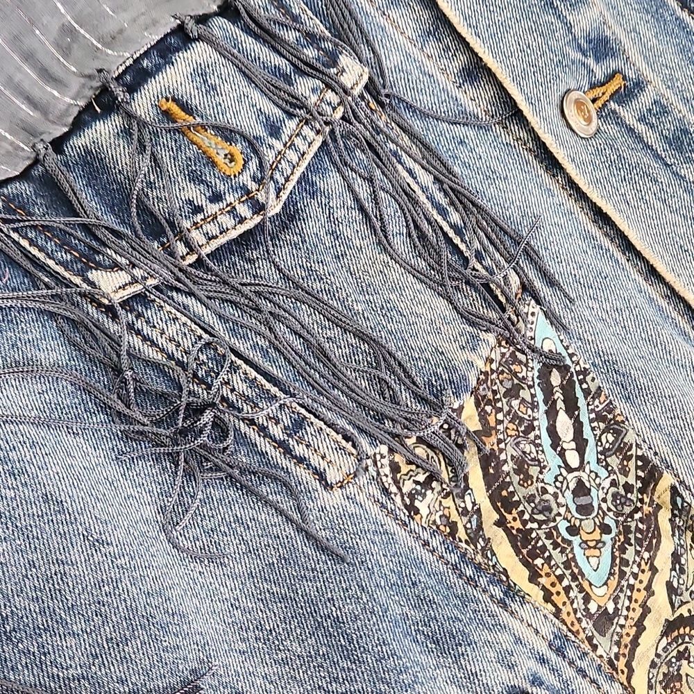 Vintage Upcycled Fringe Boho Western Denim Jacket - Picture 3 of 8
